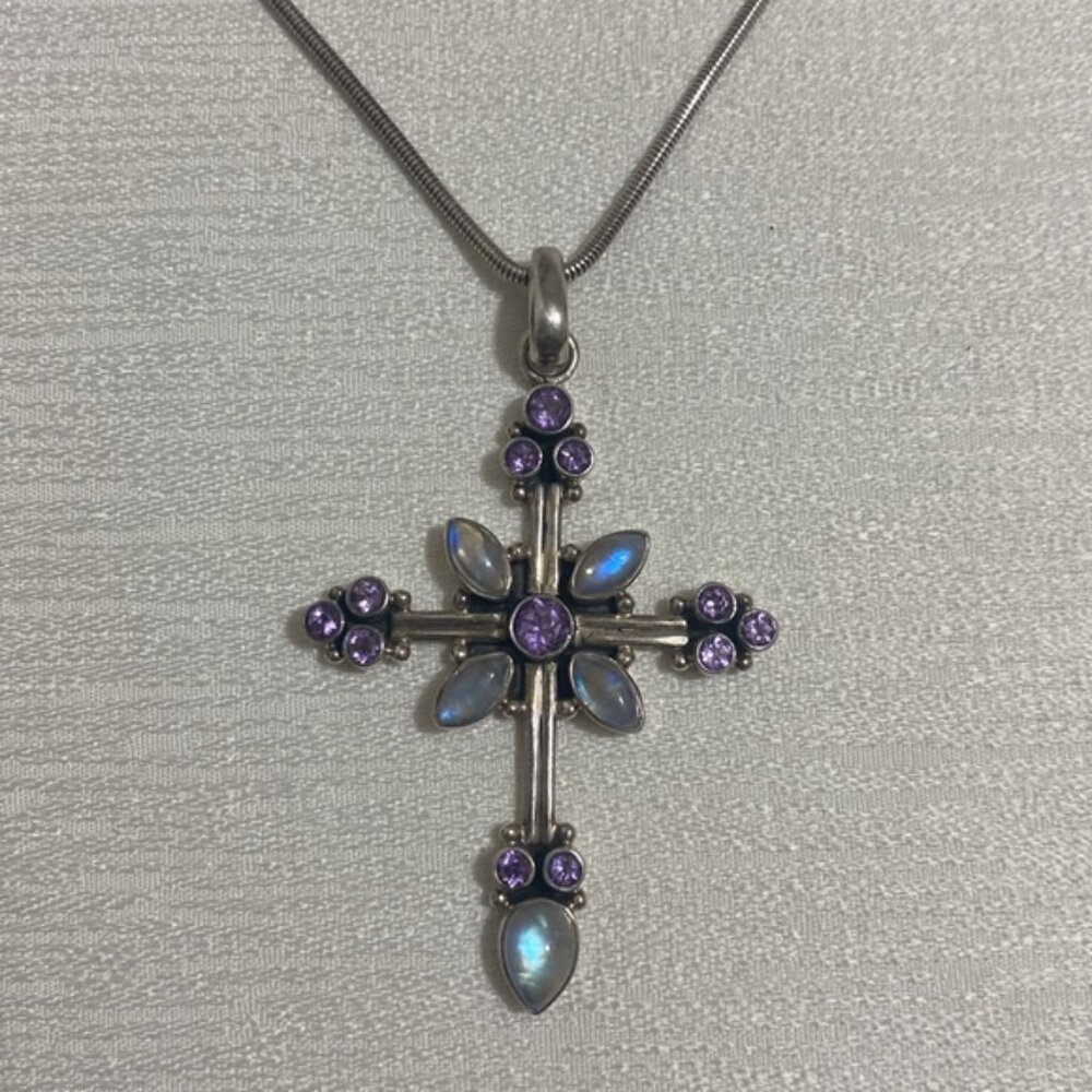 925 Sterling Silver Celtic Style Cross Necklace w Crystal & Opal Gem Stones